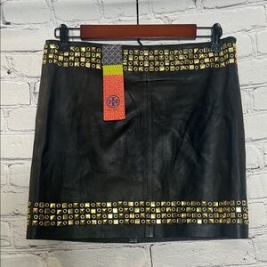 Tory Burch Black Gold Rock Studded Leather Skirt Size 4 Brand New W/Tags